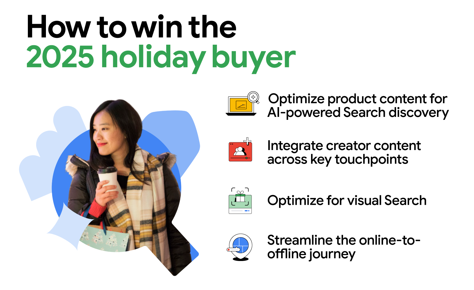 A list with icons for each item called “How to win the 2025 holiday buyer”: optimize product content for AI-powered Search discovery and visual Search; integrate creator content across key touchpoints; streamline the online-to-offline journey.