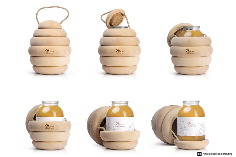 Diseno de empaque para miel hecho en madera con forma de colmena
